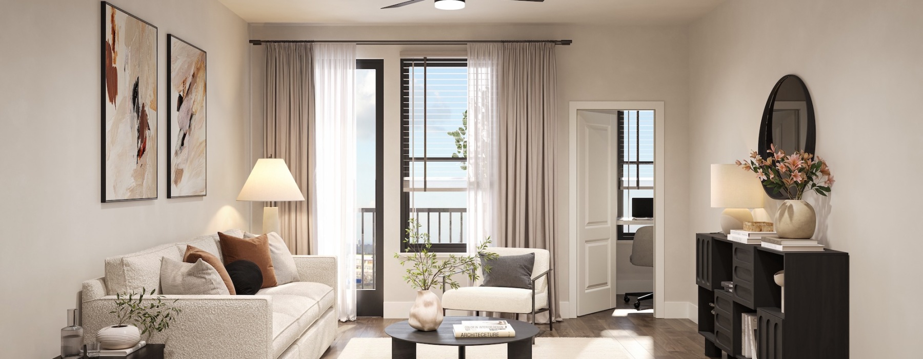 a living room with a large window
