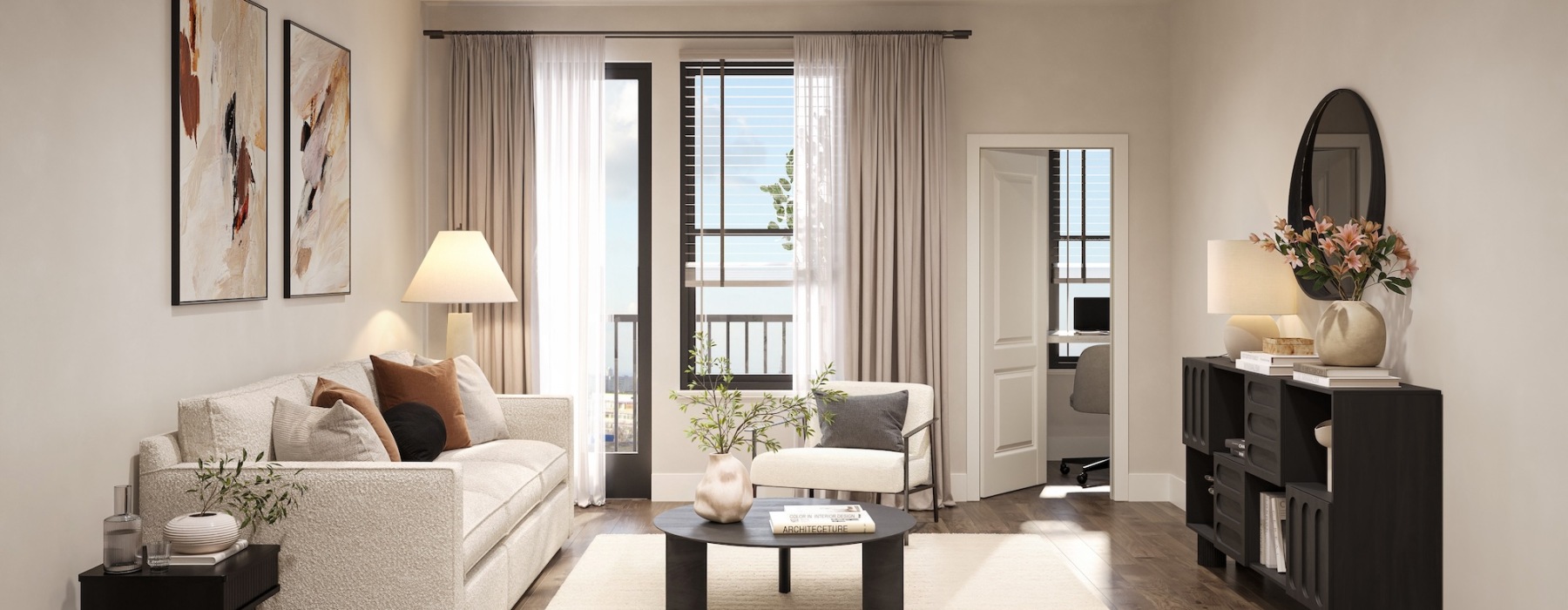 a living room with a large window