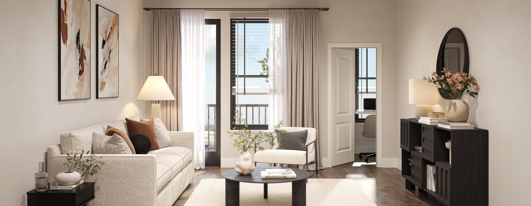 a living room with a large window