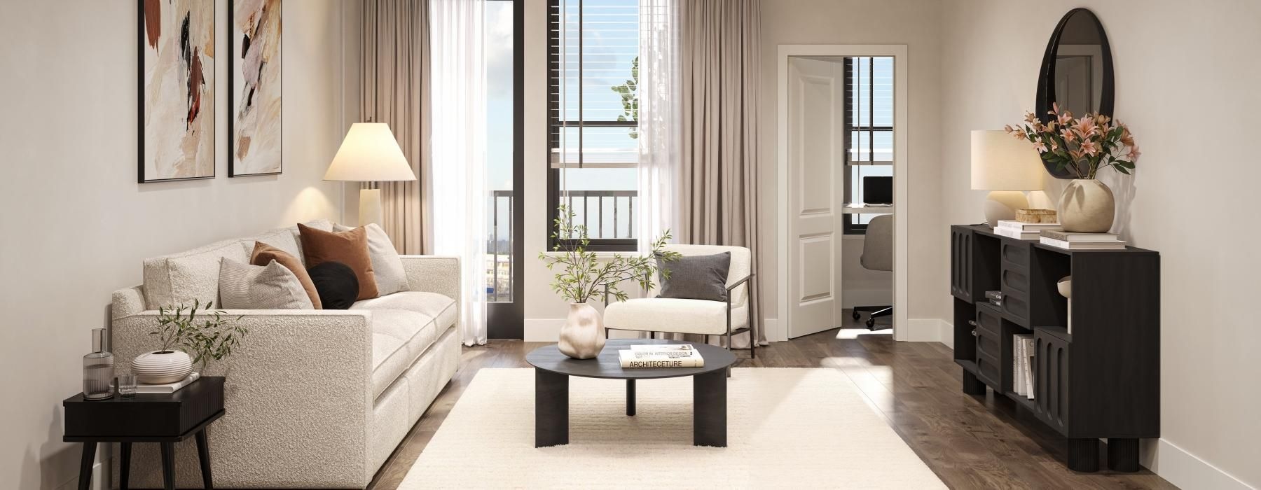 a living room with a large window